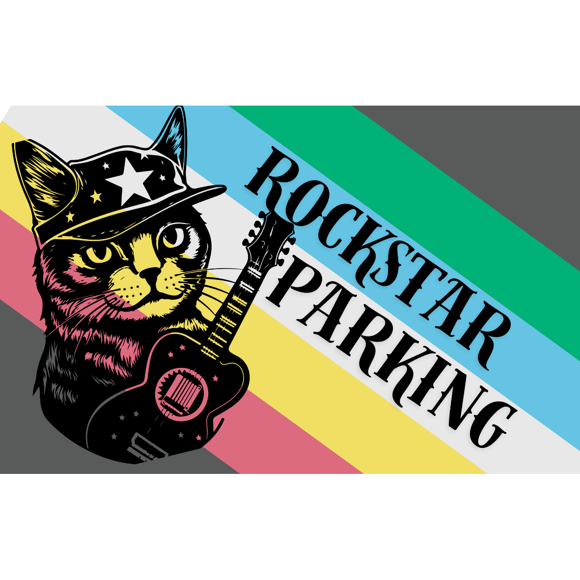 Rockstar Parking Funny Disability Waterproof Rectangular Bumper Sticker Cat With Guitar
